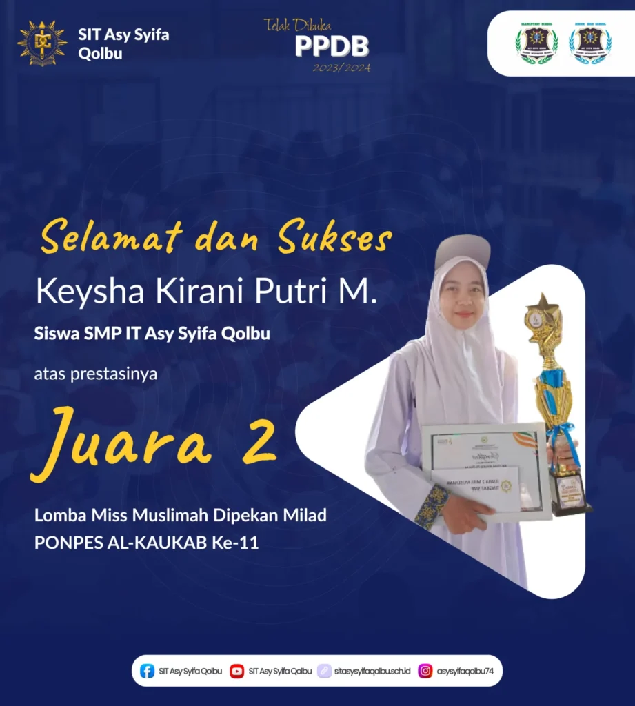 Keysha Kirani Putri M. Mendapatkan Juara 2 Lomba Miss Muslimah pada Acara Pekan Milad Ponpes Al-Kaukab ke-11